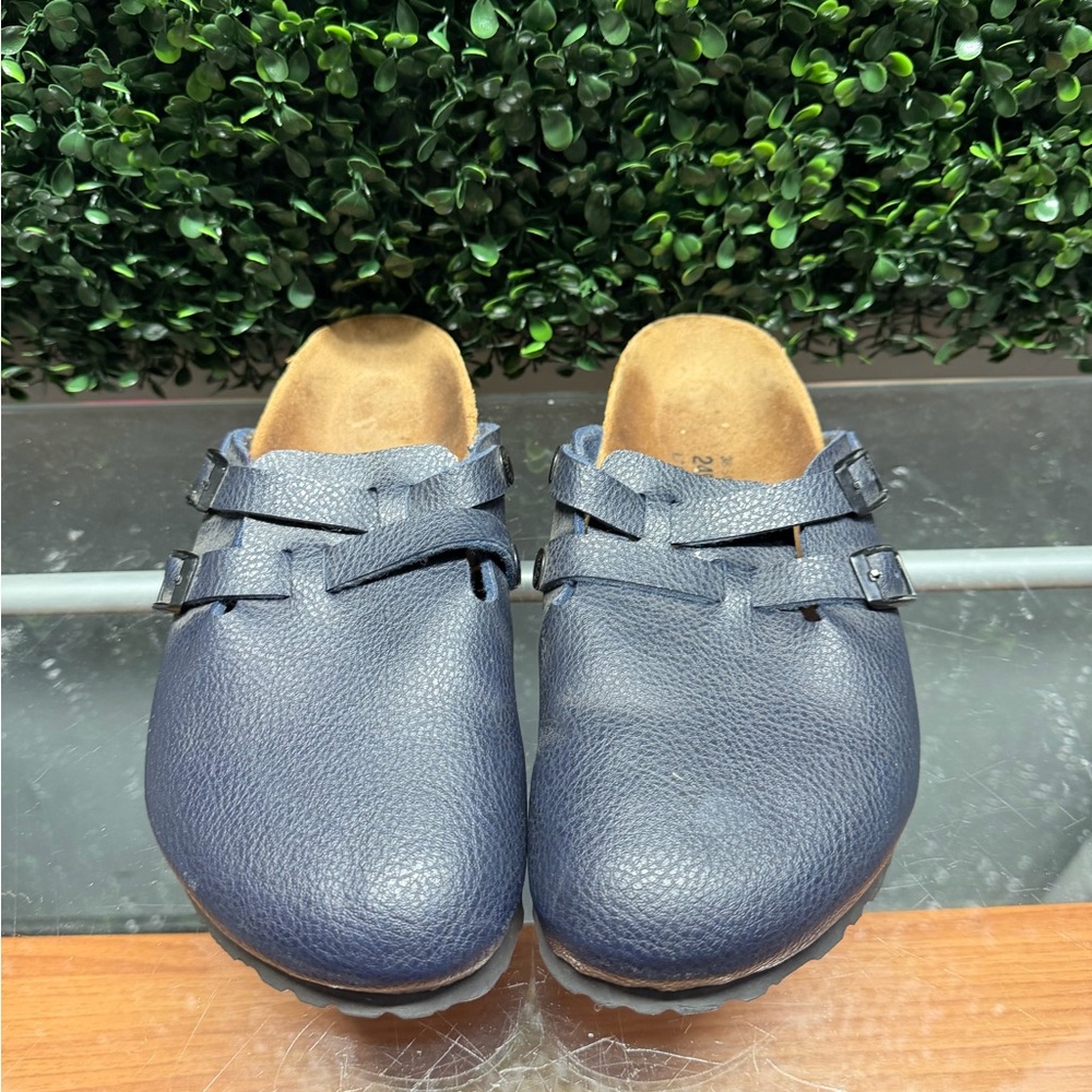 Women's Birki’s Navy Leather Clog Mules with Buckle Straps - Picture 2 of 8
